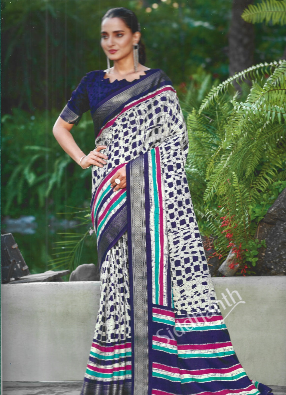 White & Navy Blue Fusion Saree - New Arrival