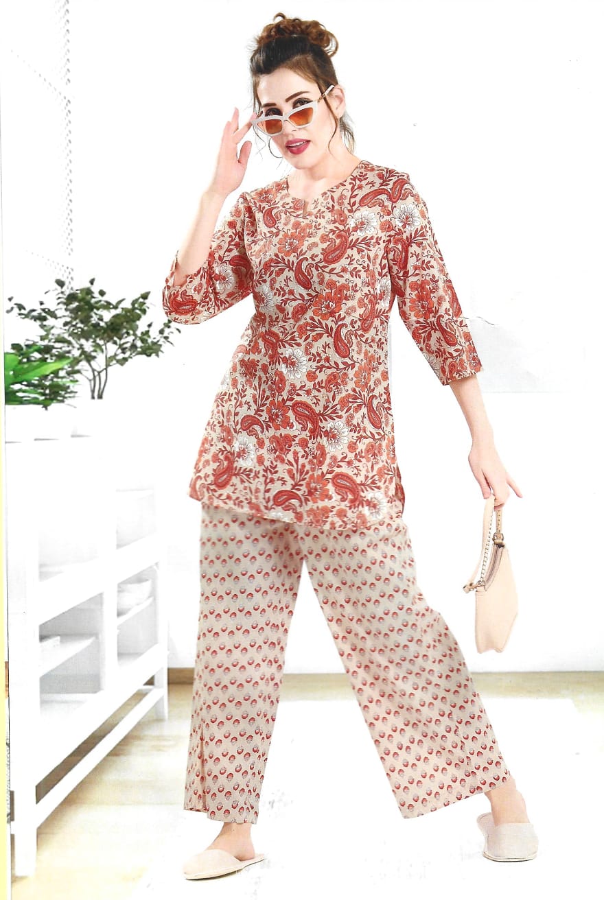 Vibrant Bloom | Burnt Orange & Light Caramel Printed Kurta with Trousers